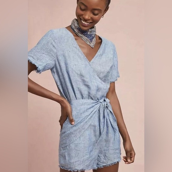 🆕 Anthropologie Sanctuary Linen Montana Tie Front Chambray Romper - Picture 1 of 10